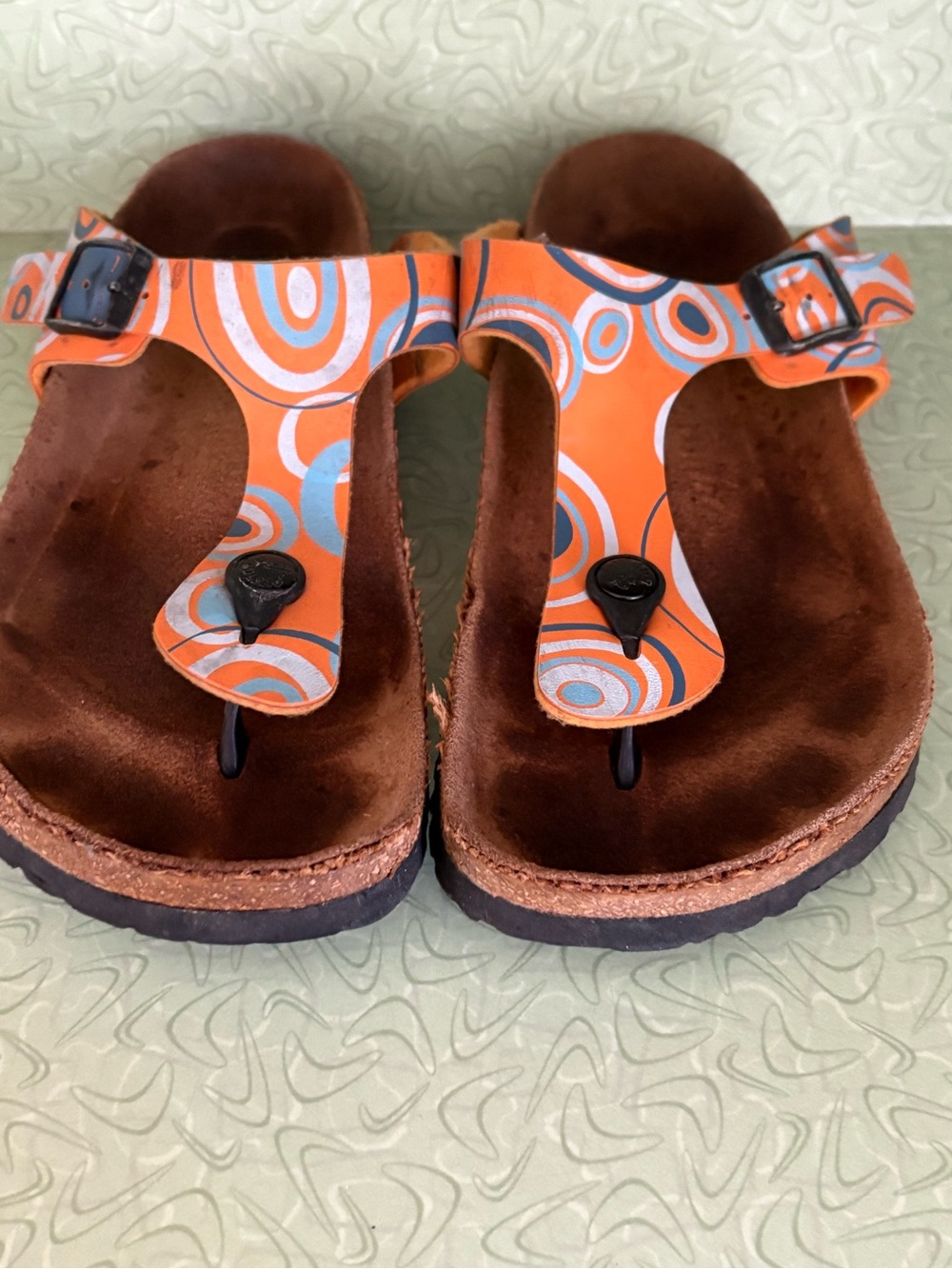 Birkenstock Papillio Gizeh Orange Blue Mod Geometric Sandals Thong Slides Size 9